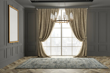 3d render empty classic interior whit Chandeliers , plaster walls , carpet , curtain