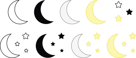 Simple Moon and Stars Clipart Set - Outline, Silhouette and Color