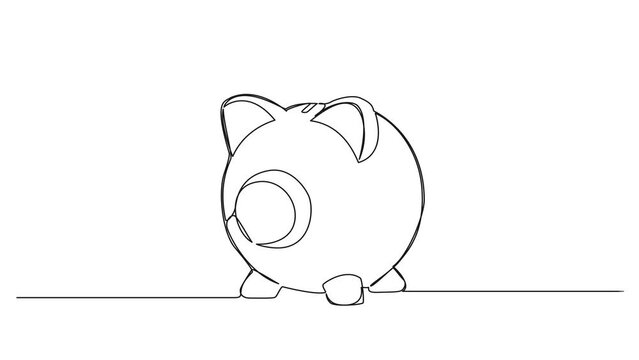 continuous single line drawing of a piggy bank, saving money line art animation