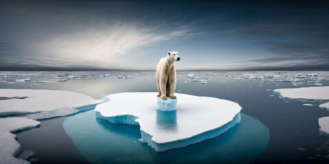 A majestic polar bear standing on the edge of an ice floe with a beautiful icy landscape in the background - Generative AI