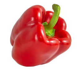 Red pepper close up tilted to the side, fresh vegetable isolated on white background.