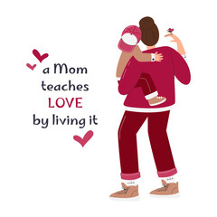 Mom and child embrace feeling love each other. Motherhood and maternity concept. Mommy showing butterfly to son. Happy mother's day greeting card design. Holiday hand drawn flat vector illustration