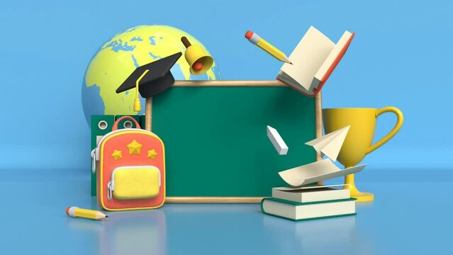 3d backpack, textbooks and notes in cartoon style on the background of a blackboard. The concept of the last school bell and graduation. 3D rendering