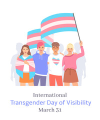 International Transgender Day of Visibility celebration. Group of young men and women hugging each other and holding transgender pride flags on pride parade. Trans Visibility March - obrazy, fototapety, plakaty