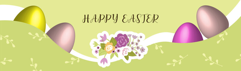 Happy Easter lettering background with realistic multicolored shine decorated eggs. Vector illustration web-banner,  greeting card, promotion, poster, flyer