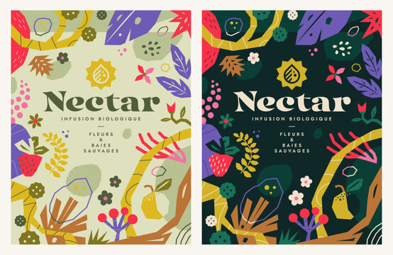 Trendy botanical wall arts with floral design. Bucolic posters, covers or packagings with flowers, wild berries, branches, twigs, leaves, fruits, plants, foliage and petals. Flat vector illustrations.