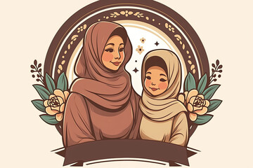 generative ai illustration of cute cartoon mother and daughter in traditional hijab