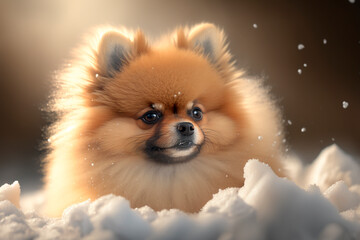 Obraz premium A Cute Pomeranian Dog Sitting in a Snow Pile in the Wintertime