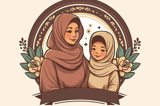 Generative Ai Illustration Of Cute Cartoon Mother And Daughter In Traditional Hijab