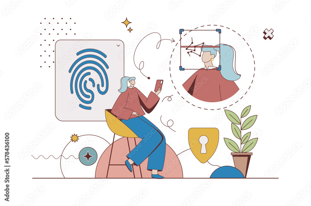Leinwandbilder biometric control concept with character situation in flat design. woman accessing her account with 