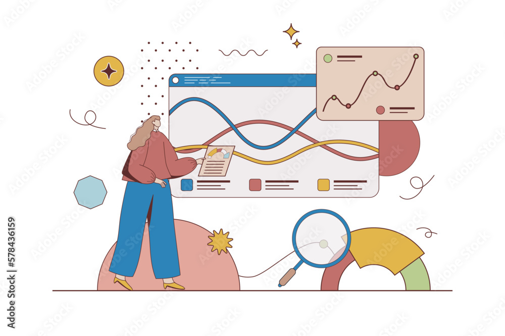 Poster business statistic concept with character situation in flat design. woman analyzes data and financia