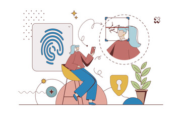 Biometric control concept with character situation in flat design. Woman accessing her account with id fingerprint scanning and user face recognition. Vector illustration with people scene for web