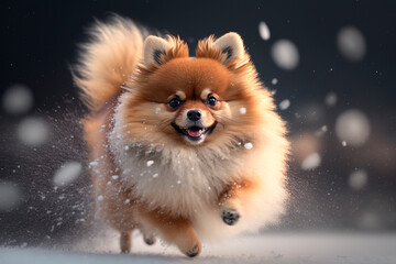 Obraz premium A Cute Pomeranian Dog Chasing Snowflakes in the Wintertime