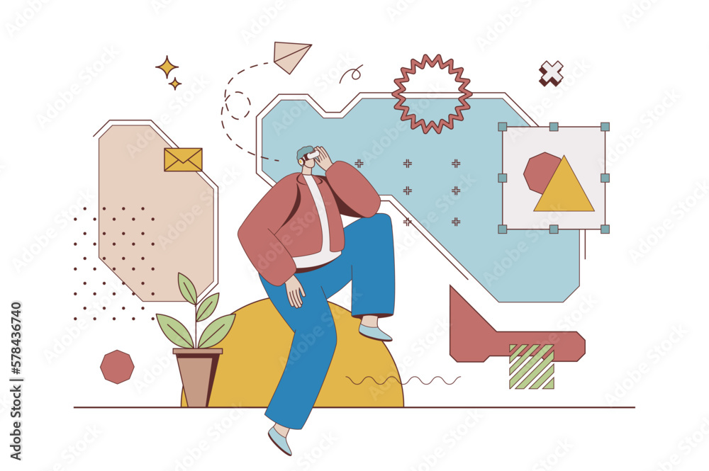 Leinwandbilder Cyberspace concept with character situation in flat design. Man in VR headset interacting with virtual augmented reality or gaming in cyber simulation. Vector illustration with people scene for web