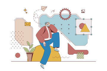 Cyberspace concept with character situation in flat design. Man in VR headset interacting with virtual augmented reality or gaming in cyber simulation. Vector illustration with people scene for web