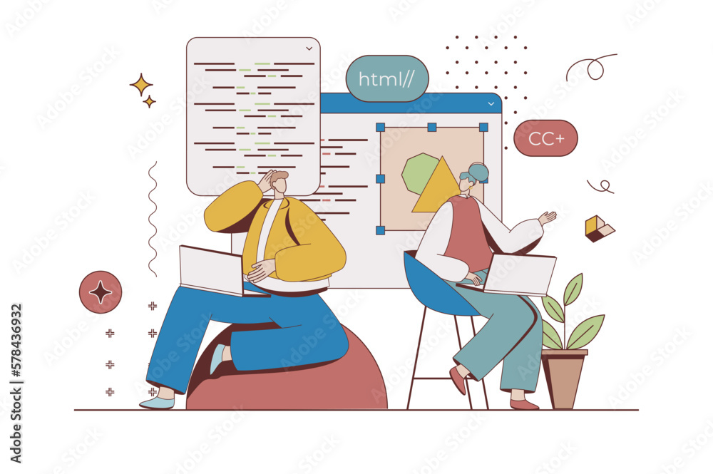 Leinwandbilder Developers team concept with character situation in flat design. Man and woman discussing project, working with abstract code, programming software. Vector illustration with people scene for web