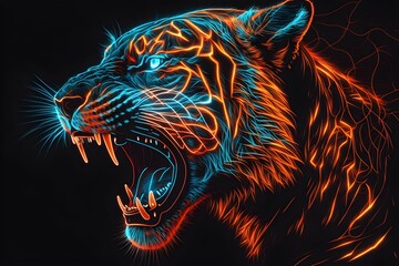 Wallpaper Illustration and background of an abstract neon light tiger head, realistic illustration. Front view. Concept of power, strength and courage, wild world. Generative AI.