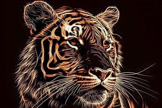Wallpaper Illustration and background of an abstract neon light tiger head, realistic illustration. Front view. Concept of power, strength and courage, wild world. Generative AI.
