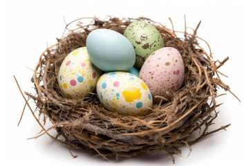 Colorful easter eggs in a nest, isolated on white background. Easter concept. Generative ai and digital editing.