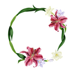 Tropical round wreath with stargazer lily and white freesia, watercolor