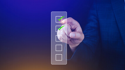 Businessman tick correct sign mark for document approve , project acceptance and quality assurance concept, take an assessment, questionnaire, evaluation, online survey online exam check list