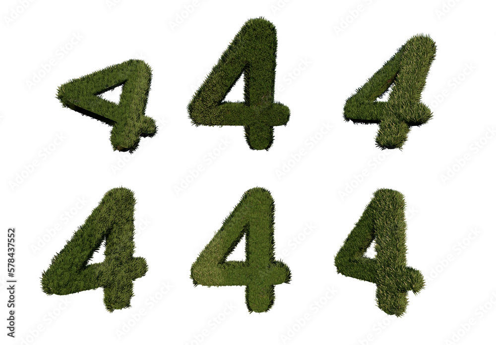 Poster 3d rendering number 4 from grass in different positions