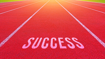Success text written on an athletics track concept for business planning strategies and challenges or career path opportunities and change, road to success concept