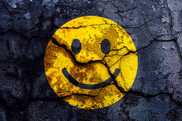 Yellow smiley face with broken cement wall, Happy smiley card concept illustration. Сharacter For web design or card, graphic element for background.