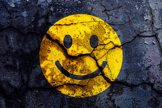 Yellow smiley face with broken cement wall, Happy smiley card concept illustration. Сharacter For web design or card, graphic element for background. - Powered by Adobe