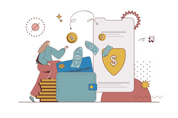 Money transfer concept with character situation in flat design. Woman makes financial transactions and manages account and digital wallet in application. Vector illustration with people scene for web