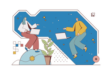 Open space concept with character situation in flat design. Woman and man working on laptops, communicate and doing project tasks in coworking office. Vector illustration with people scene for web