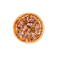 Rustic Pizza top view on a white background isolate