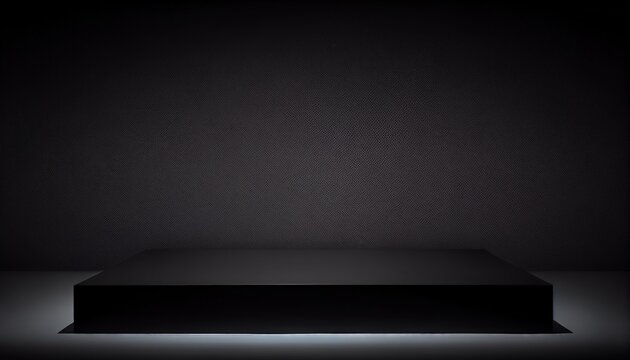 Pedestal of Platform display with black stand podium on dark room background. 3D rendering. Generative AI. © GustavsMD