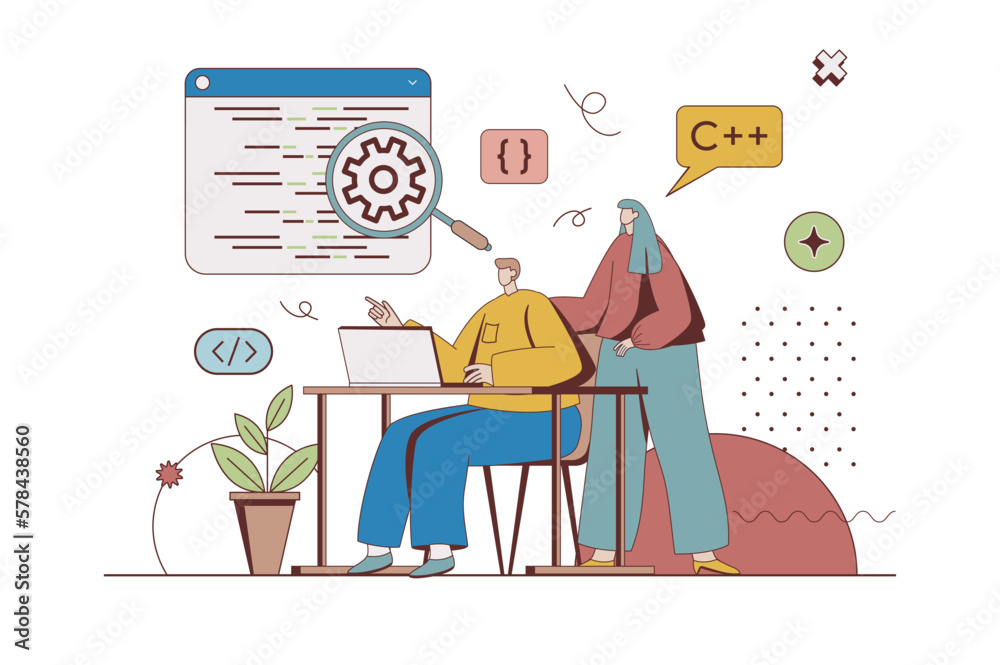 Aufkleber Programming software concept with character situation in flat design. Man and woman developers work in team, writing and testing code, optimize programs. Vector illustration with people scene for web