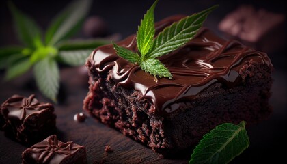 Homemade chocolate marijuana brownies garnished with marijuana leaves. Generative AI. - obrazy, fototapety, plakaty