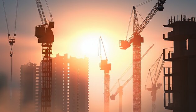 Construction cranes, the construction site at sunset in the evening time. Generative AI.
