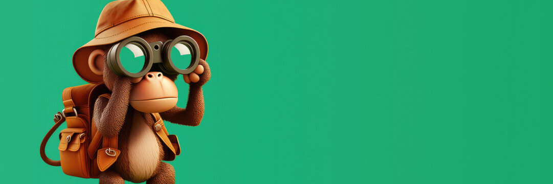 Room for copy. Commercial banner. A brown monkey wearing a safari hat and holding binoculars on a green background representing a travel agency. Generative ai.