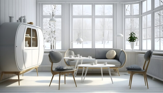 Scandinavian design furniture, on white wood wall, 3d render, generative ai