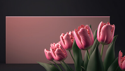 Pink tulips on dark background. Greeting card template for Mother's Day, Birthday. Generative AI