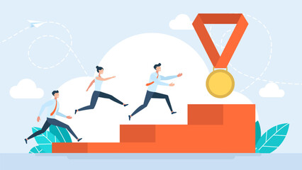 Business competition concept. Team building. Employee recognition and best worker competition award team. Victory winner business. Businessman, winner tearing the finish line. Vector illustration