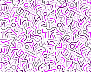 Obraz premium Abstract drawing of geometric shapes in purple tones on a white background, hand-drawn, seamless drawing.