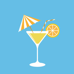 Citrus cocktail with straw and umbrella, vector icon.