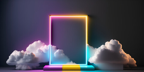 3d Podium display with white cloud and neon frame. Bright neon dreamy landscape. A stand for the promotion of cosmetics. Love step pedestal concept, 3d rendering. Created with Generative AI
