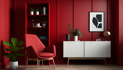 Scandinavian design furniture, on royal red wall, 3d render, generative ai