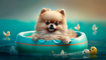 Cute Pomeranian Dog Floating in a Pool with a Swim Ring in Summertime