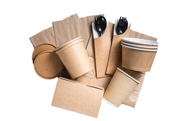Eco friendly recycling paper tableware. Paper cups, dishes, bag, fast food containers and cutlery. ...