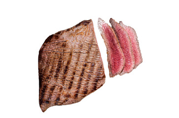 Grilled Flank Steak BBQ on a marble board.  Isolated, transparent background