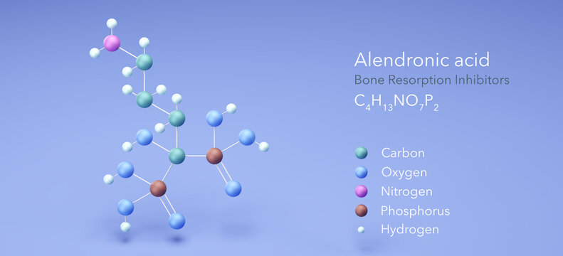 alendronic acid molecule, molecular structures, alendronate, 3d model, Structural Chemical Formula and Atoms with Color Coding