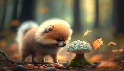 Fototapeta premium Curious Pomeranian Dog Sniffs Mushroom in the Forest