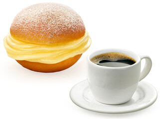 sonho doce recheado com creme de baunilha e xícara de café expresso isolados em fundo transparente